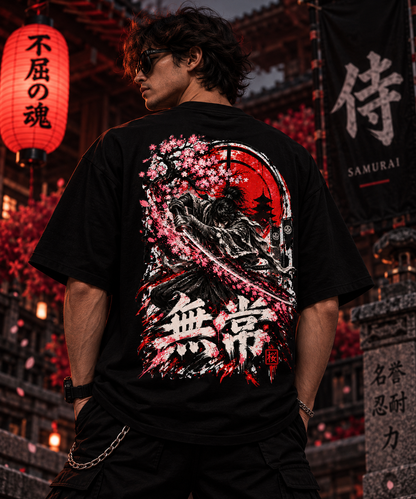 JACKXON: Samurai Warrior Cherry Blossom Oversized T-Shirt – Japanese Red Sun Graphic