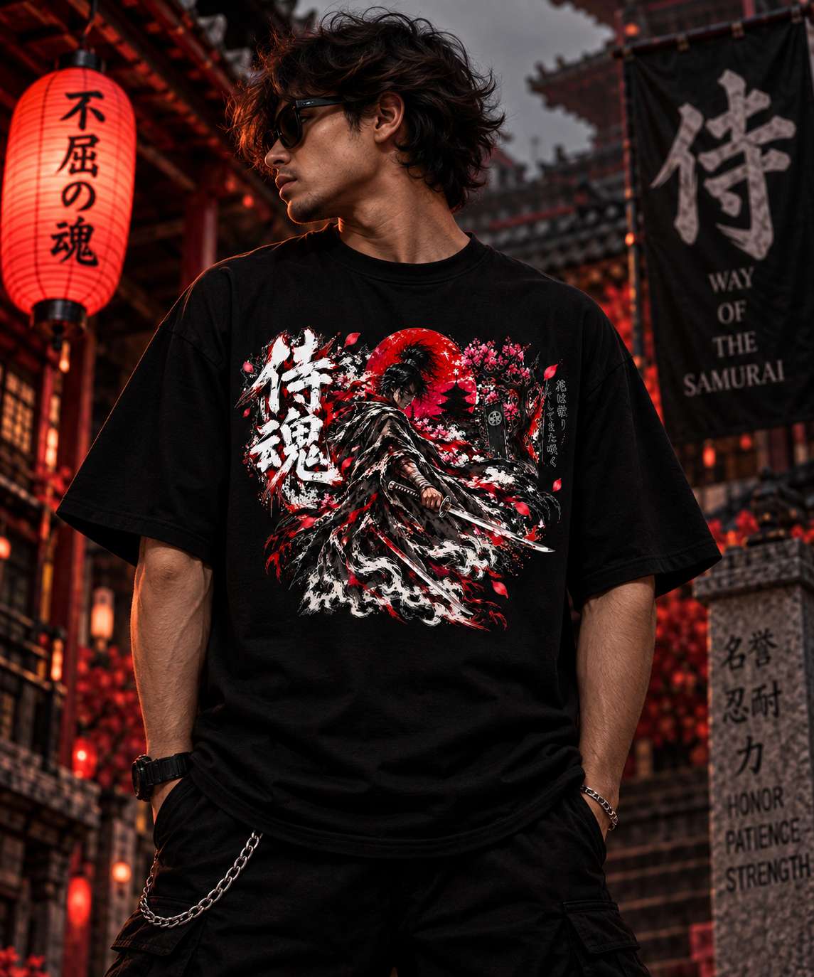 JACKXON: Samurai Warrior Cherry Blossom Oversized T-Shirt – Japanese Red Sun Graphic
