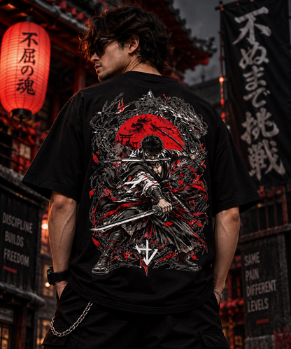 JACKXON: Japanese Samurai Katana Oversized T-Shirt – Red Sun Warrior Graphic Streetwear