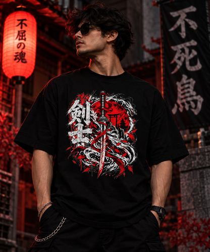 JACKXON: Japanese Samurai Katana Oversized T-Shirt – Red Sun Warrior Graphic Streetwear
