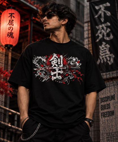 JACKXON: Samurai Katana Japanese Warrior Graphic Oversized T-Shirt