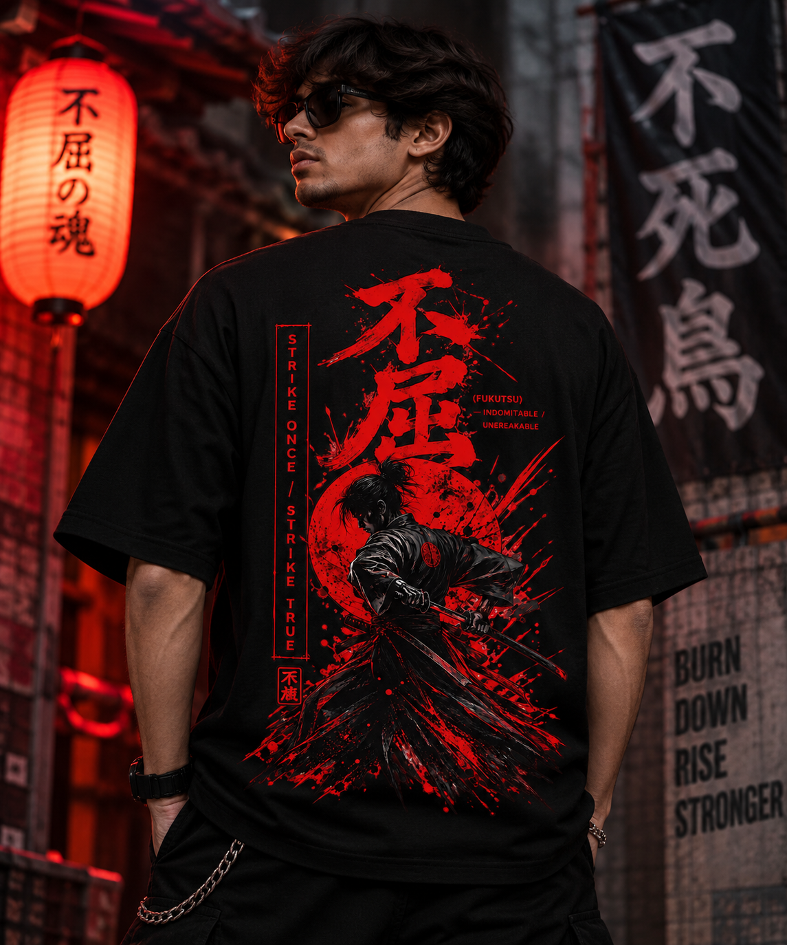 JACKXON: Indomitable Japanese Samurai Oversized T-Shirt – Black & Red Streetwear