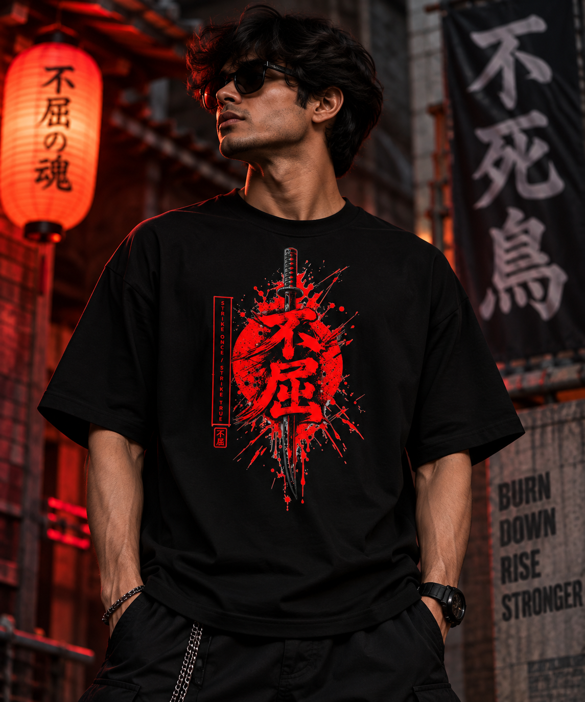 JACKXON: Indomitable Japanese Samurai Oversized T-Shirt – Black & Red Streetwear